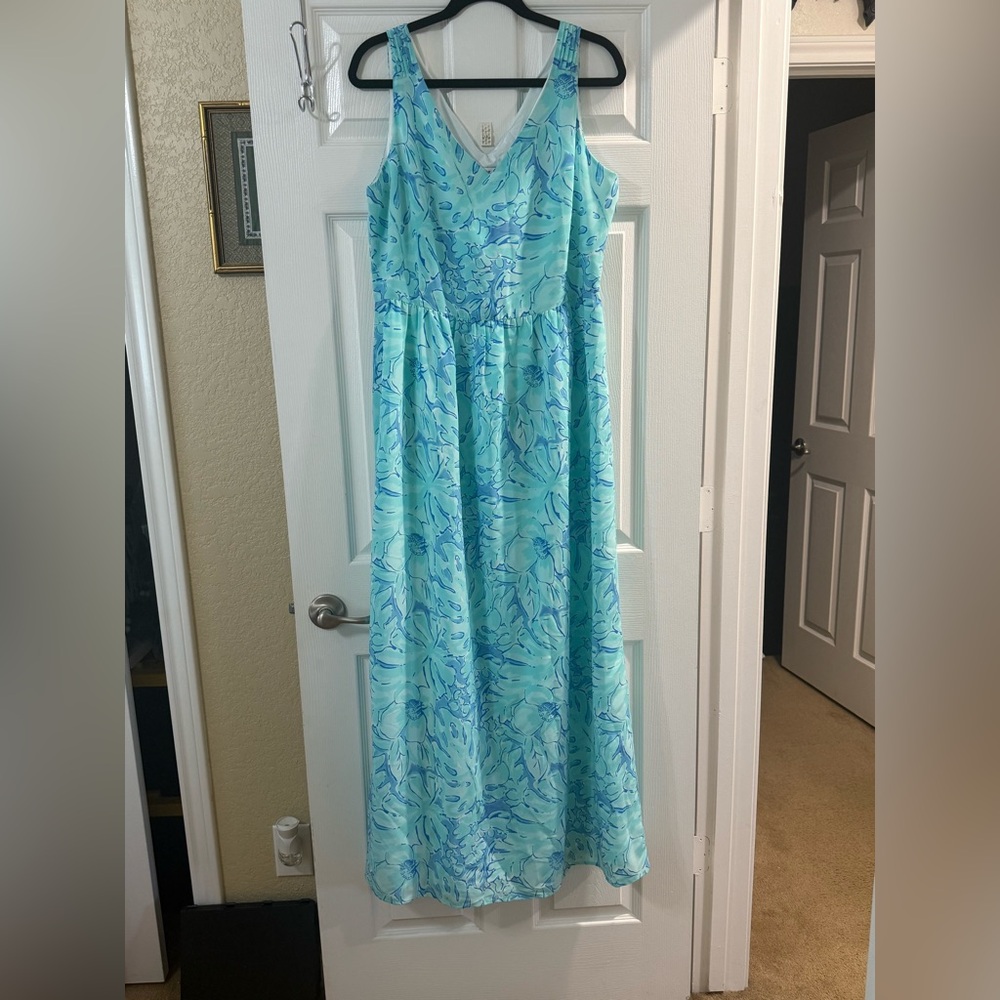 Vineyard Vines 2Q2041 Capri Blue Floral Sleeveless V-Neck Maxi Dress Sz 14 NWOT